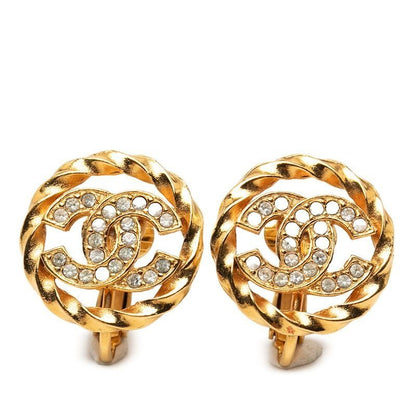 Chanel CC Logo Earrings Gold Plated Line Stone