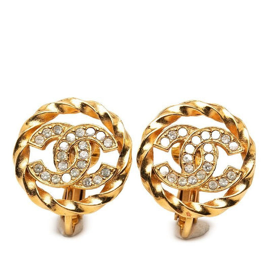 Chanel CC Logo Earrings Gold Plated Line Stone