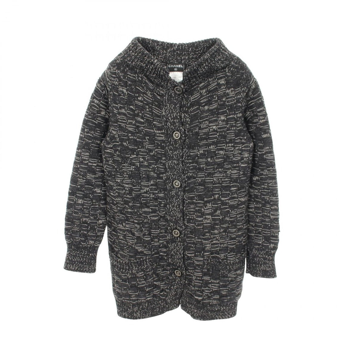 Chanel CC Logo Button Knit Cashmere Coat Gray White