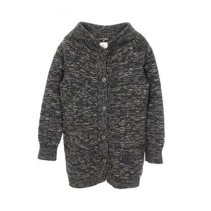 Chanel CC Logo Button Knit Cashmere Coat Gray White