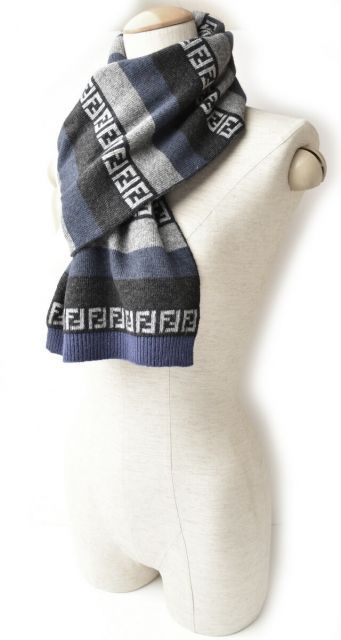 Fendi Scarf Fendi Winter Scarf Wool Blend FF Zucca Pattern Striped Blue Gray