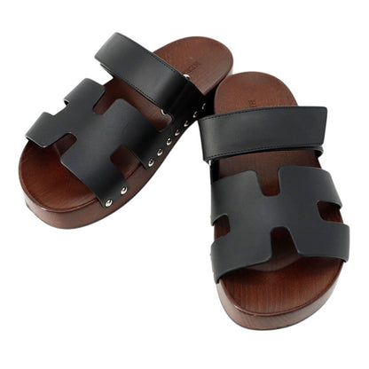 Hermes Sandals Cos Leather Wood 35 Shoes Black Brown