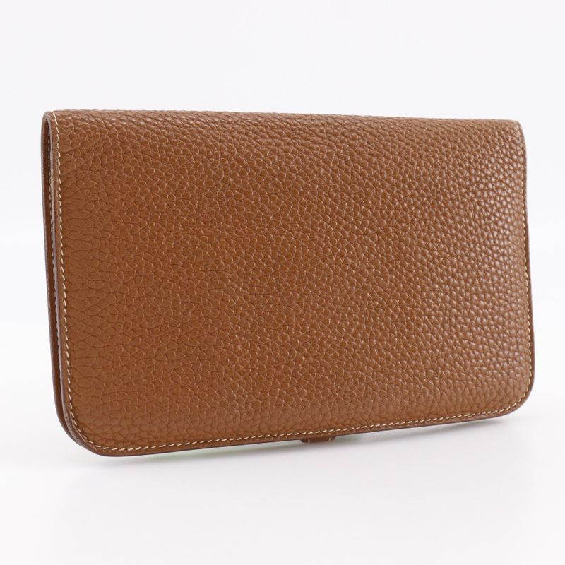 Hermes Dogon GM Taurillon Clemence Gold Brown □J Unisex Long Wallet