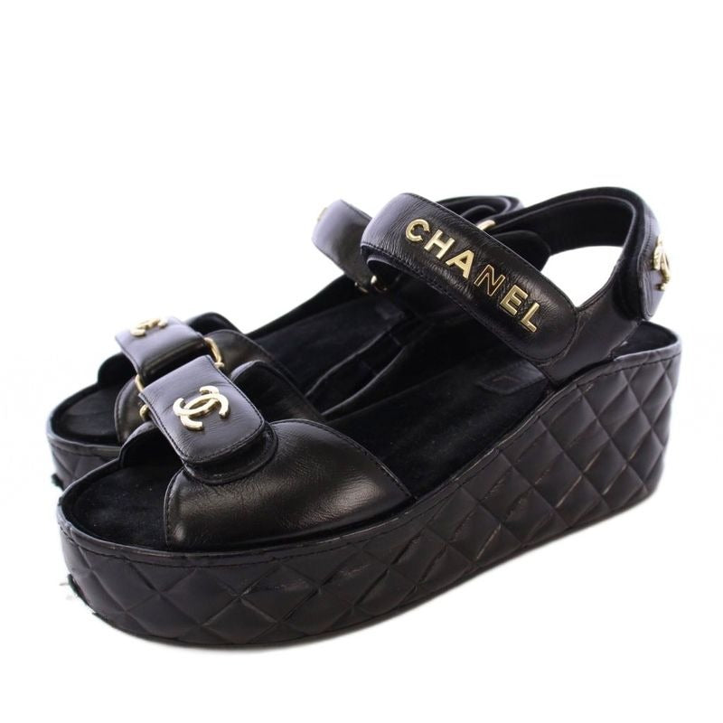 Chanel Sandals Shiny Calfskin Coco Mark Quilted Leather 38 C Black KH