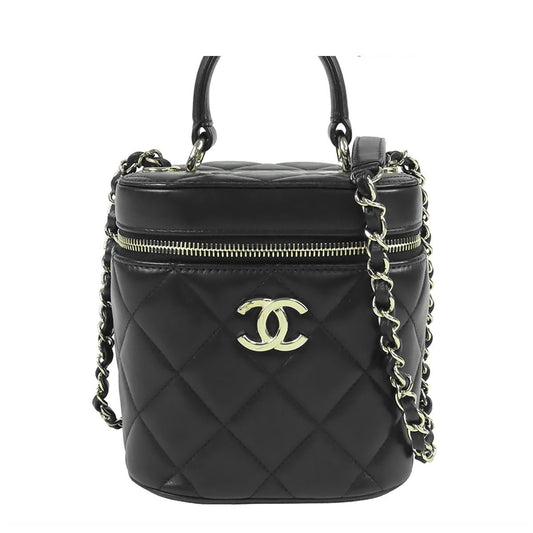 Chanel Vanity Bag Black Gold Lambskin Quilted 2-Way Handbag Chain
