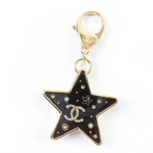 Chanel CC Logo Stone Faux Pearl Star Key Holder Gold Black
