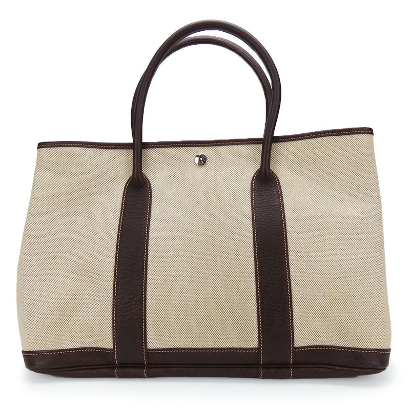 Hermes Handbag Garden Party PM Canvas Leather Beige Dark Brown Silver Hardware