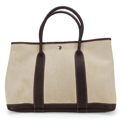 Hermes Handbag Garden Party PM Canvas Leather Beige Dark Brown Silver Hardware
