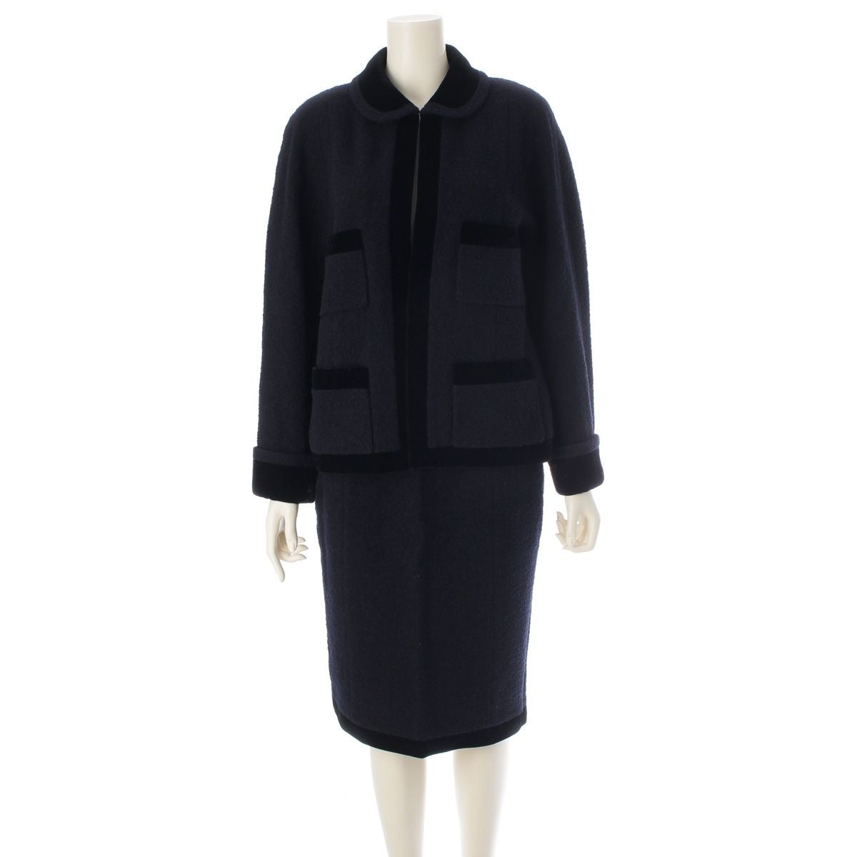 Chanel Wool Tweed Velour Jacket Skirt Set Suit Navy 42