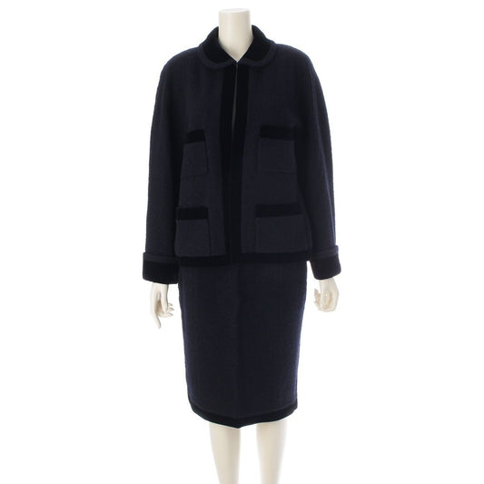 Chanel Wool Tweed Velour Jacket Skirt Set Suit Navy 42