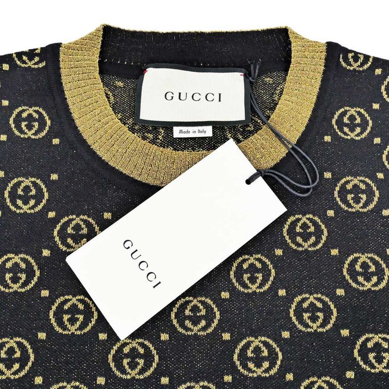 Gucci Short Sleeve Knit GG Pattern M Size 554595 Black Gold Lamé