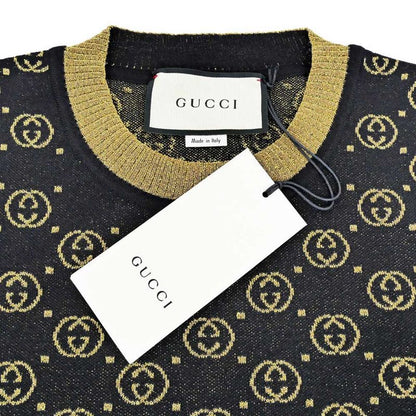 Gucci Short Sleeve Knit GG Pattern M Size 554595 Black Gold Lamé