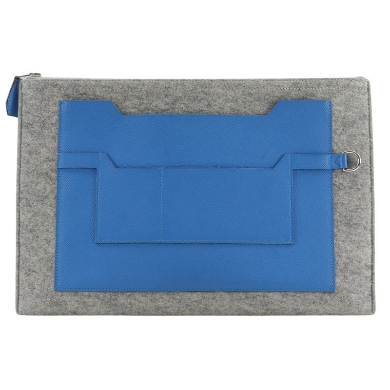Hermes Toudou 37 Felt And Vaux Epson Blue Zanzibar Blue/gray A Unisex Clutch Bag