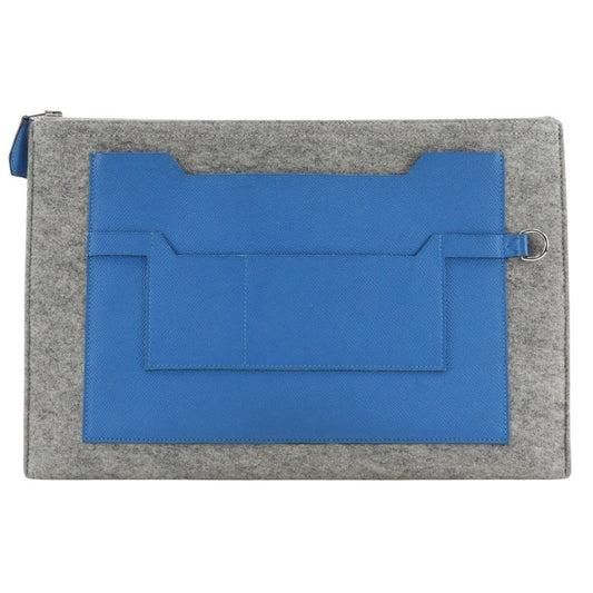 Hermes Toudou 37 Felt And Vaux Epson Blue Zanzibar Blue/gray A Unisex Clutch Bag