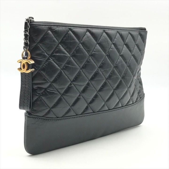 Chanel CC Logo Quilted Gabriel Lambskin Hand Clutch Black