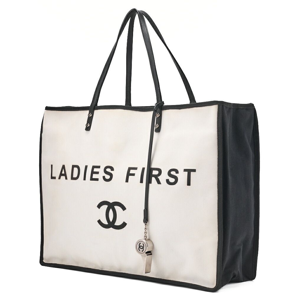 Chanel Tote Bag Coco Mark Canvas With Whistle Charm White And Black Silver