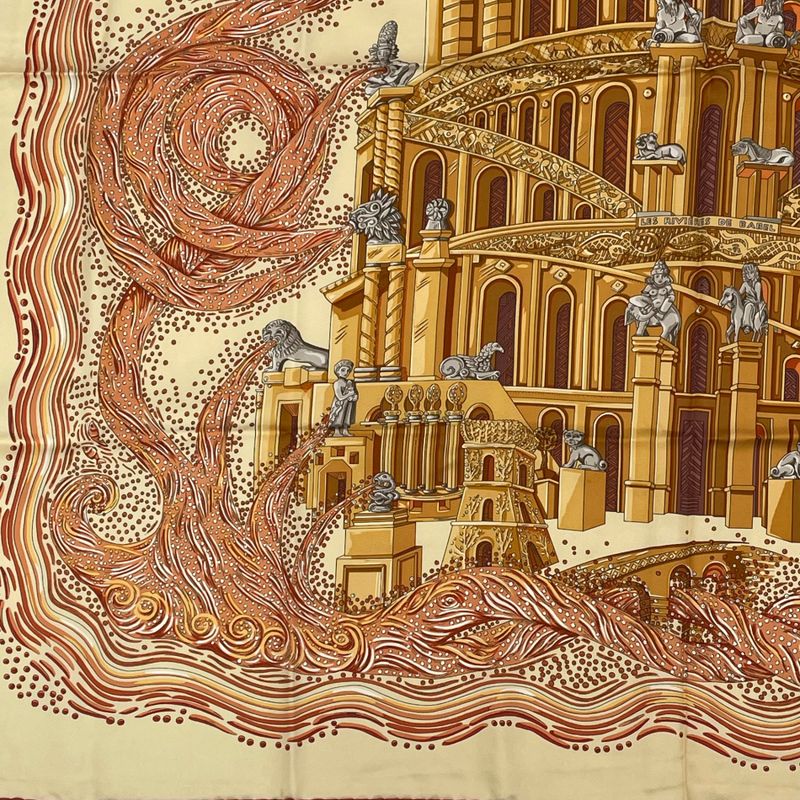 Hermes Carre 90 LES Rivieres DE Babel River Of Babel Scarf 100% Silk Beige