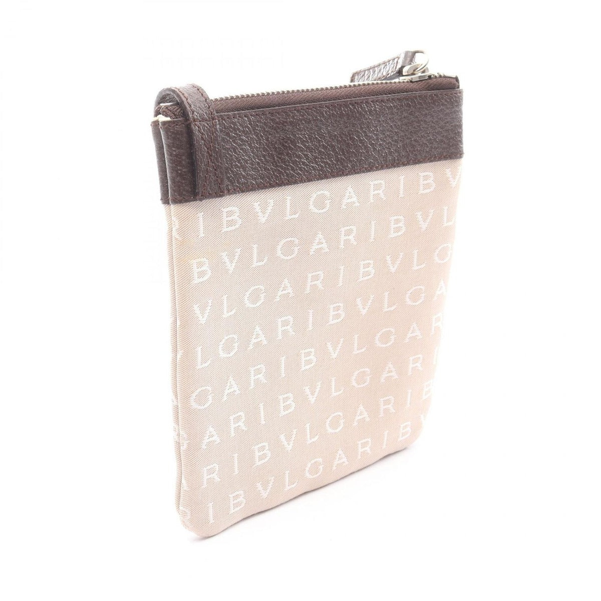 Bvlgari Shoulder Bag Logomania Beige Dark Brown Canvas Leather — view 2