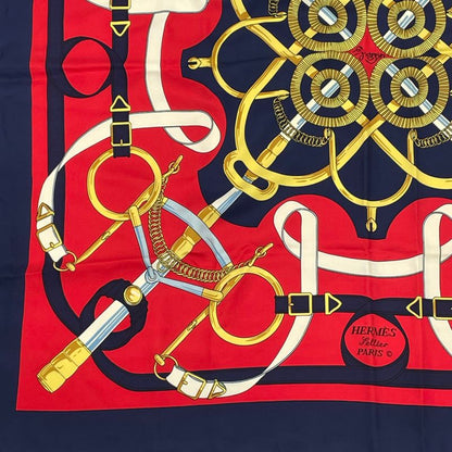 Hermes Carre 90 Scarf Eperon D'or Golden Spur 100% Silk Navy And Red