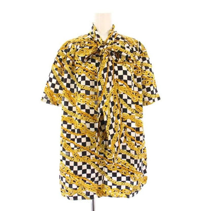 Balenciaga Bow Tie Shirt Blouse Short Sleeves Satin Allover Silk 38 Yellow