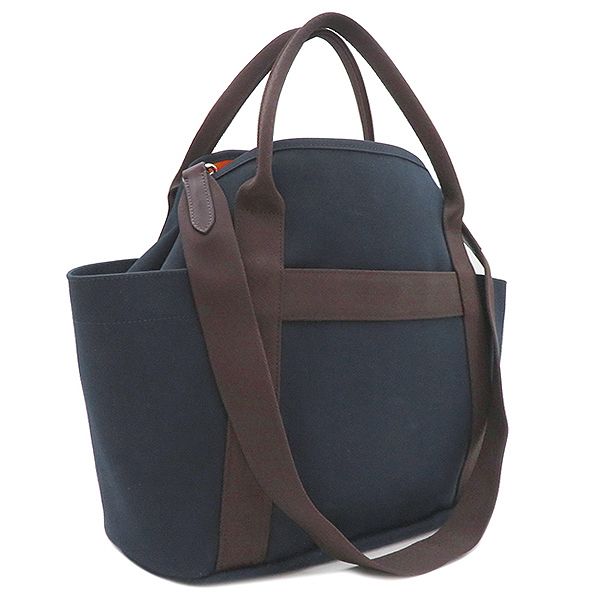 Hermes 2way Bag Sac de Pansage Groom Toile Chevron Navy and Orange Silver