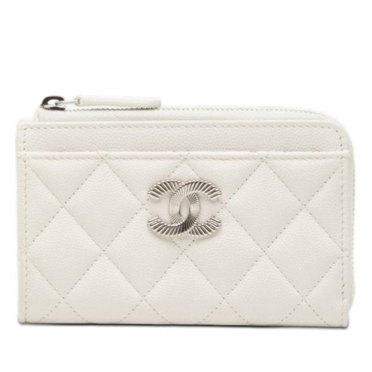 Chanel CC Logo Quilted Card Case Coin Fragment White Caviar Leather
