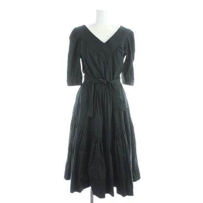 Chanel Dress Long Short Sleeve Gathered Cotton 36 Black MW