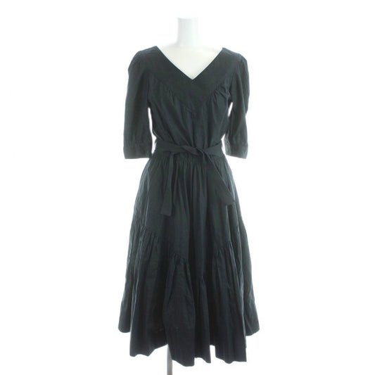 Chanel Dress Long Short Sleeve Gathered Cotton 36 Black MW