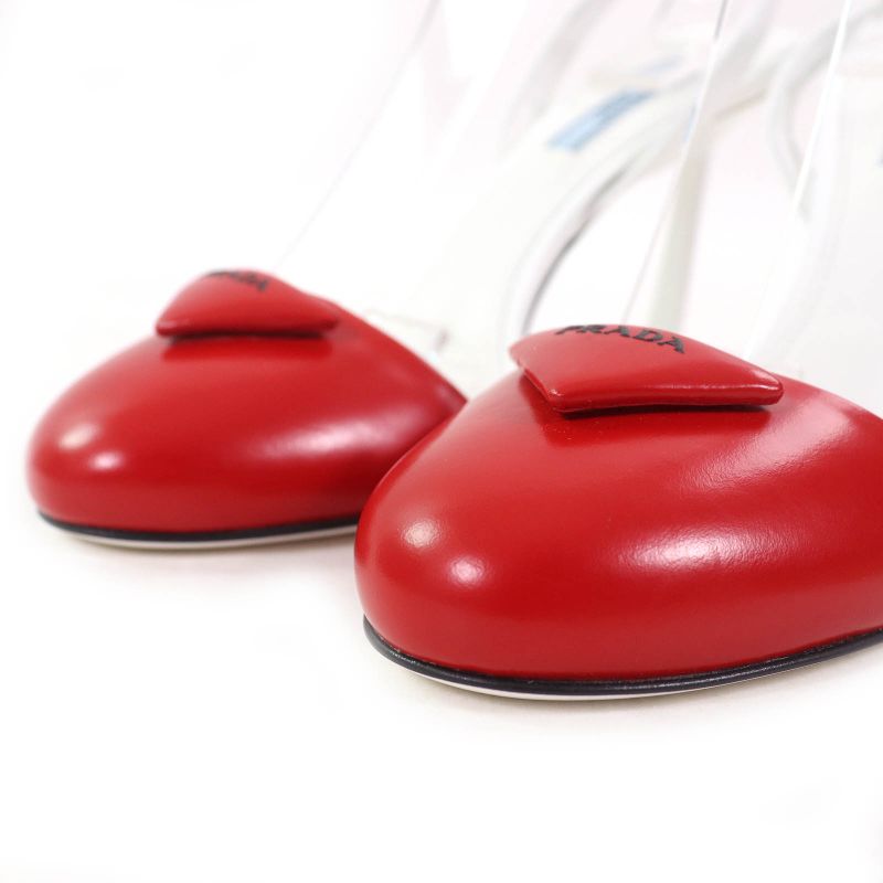 Prada 1i890m Triangle Logo Strap Leather Pumps Rosso Bianco 37.5 With Box And