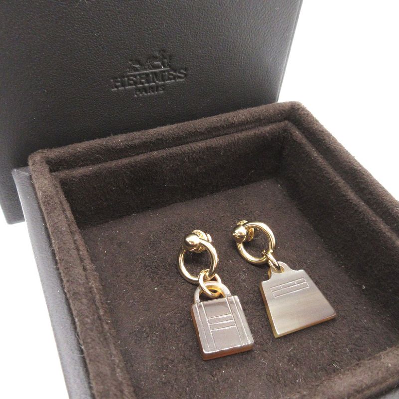 Hermes Amourette Maroquinier Kelly Cadenas Buffalo Horn Metal Brown Earrings