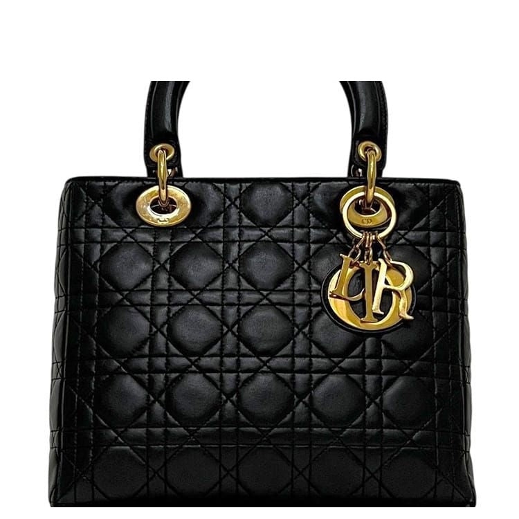 Dior Handbag Lady Medium Cannage Lambskin Black Gold