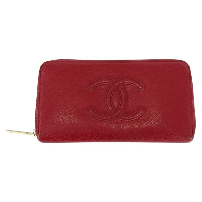 Chanel Coco Mark Red Gold Hardware Leather Long Wallet Round Zipper