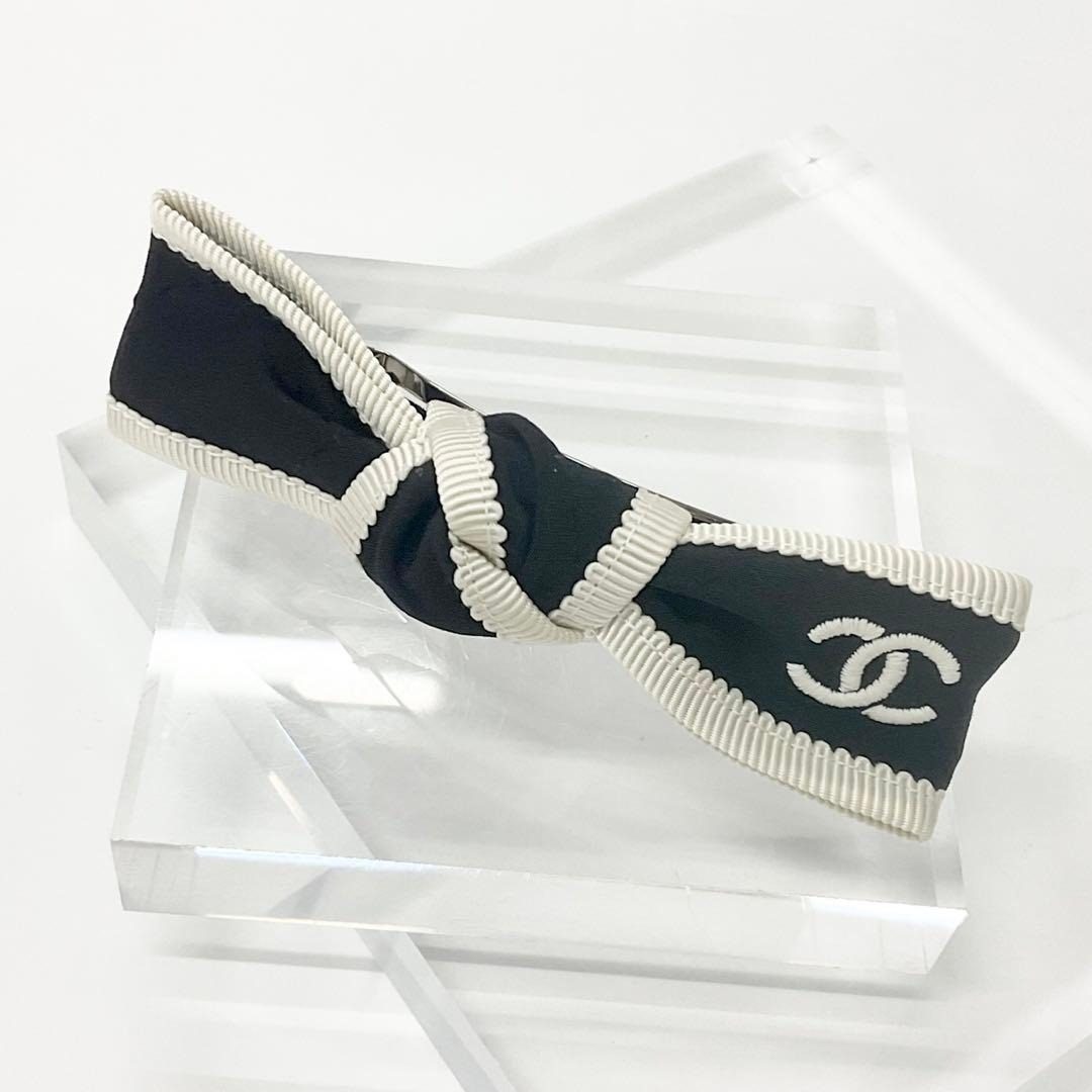 Chanel CC Logo Ribbon Barrette Hair Black Ivory