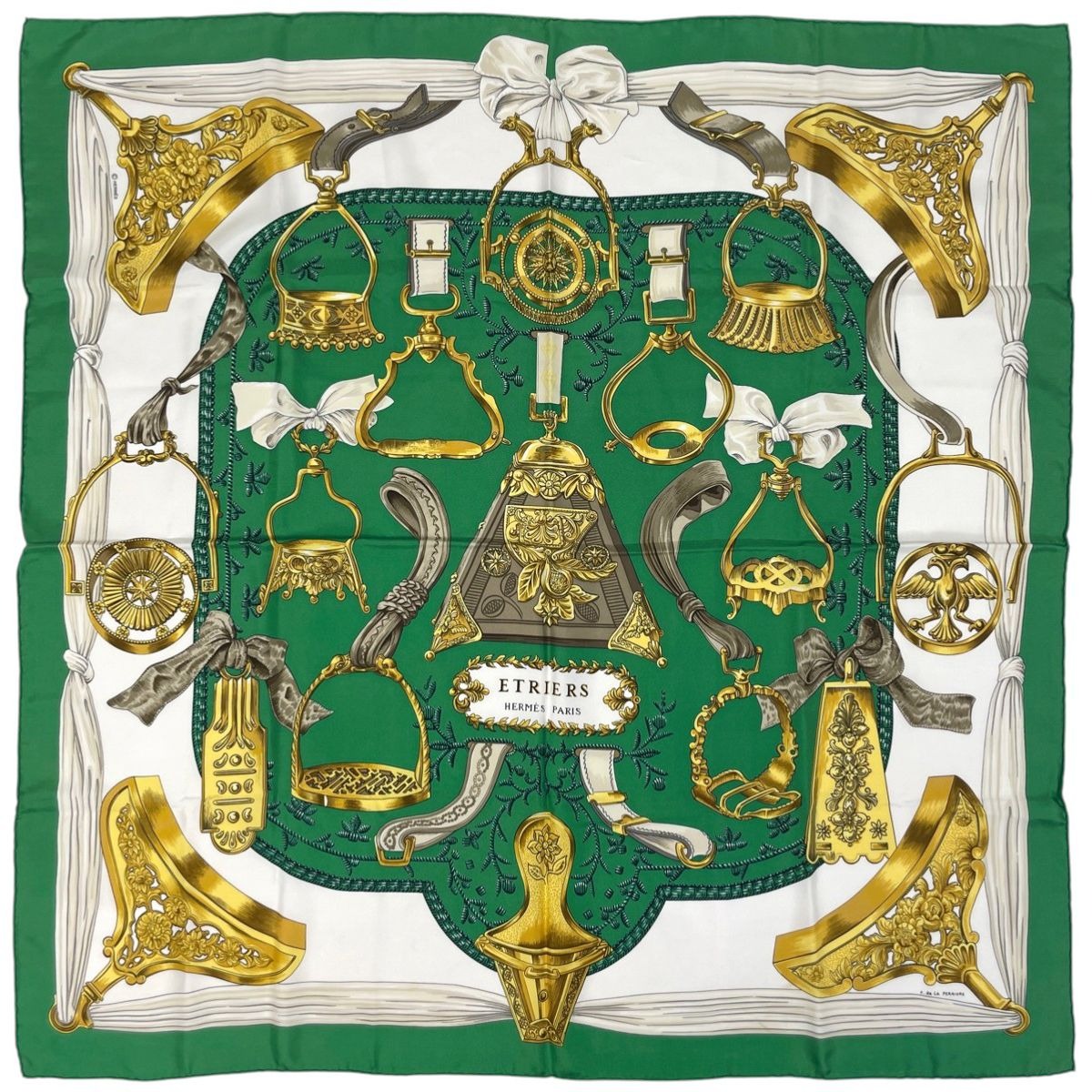 Hermes Carre 90 Etriers Armor Pattern Horse Harness Scarf Silk Green