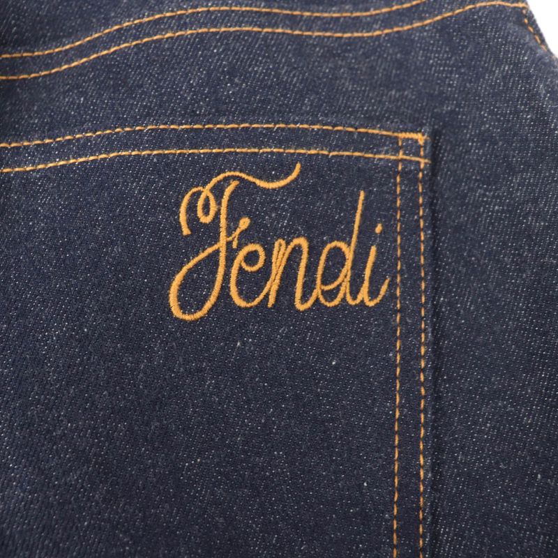 Fendi Flp673 Leather Denim Pants With Logo Patch And Logo Button Bottoms Indigo