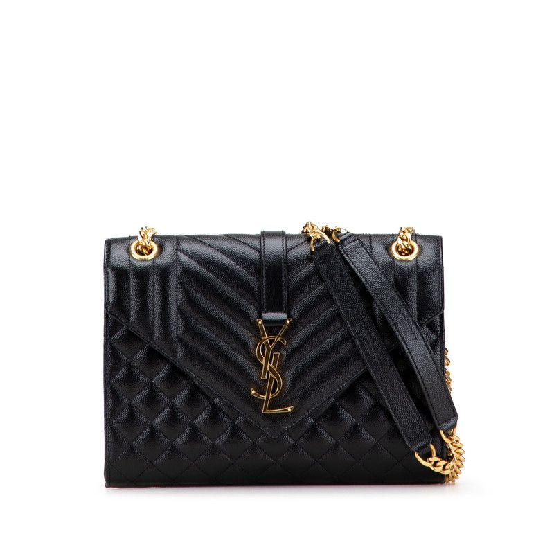 Saint Laurent Envelope Chain Shoulder Bag Handbag Black Gold Leather Women