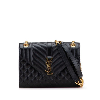 Saint Laurent Envelope Chain Shoulder Bag Handbag Black Gold Leather Women