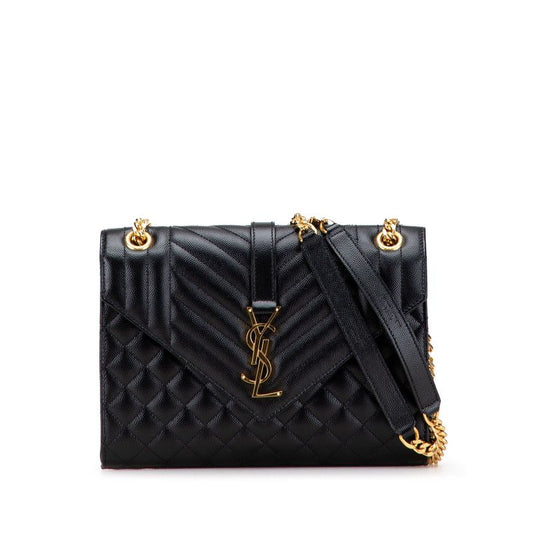 Saint Laurent Envelope Chain Shoulder Bag Handbag Black Gold Leather Women