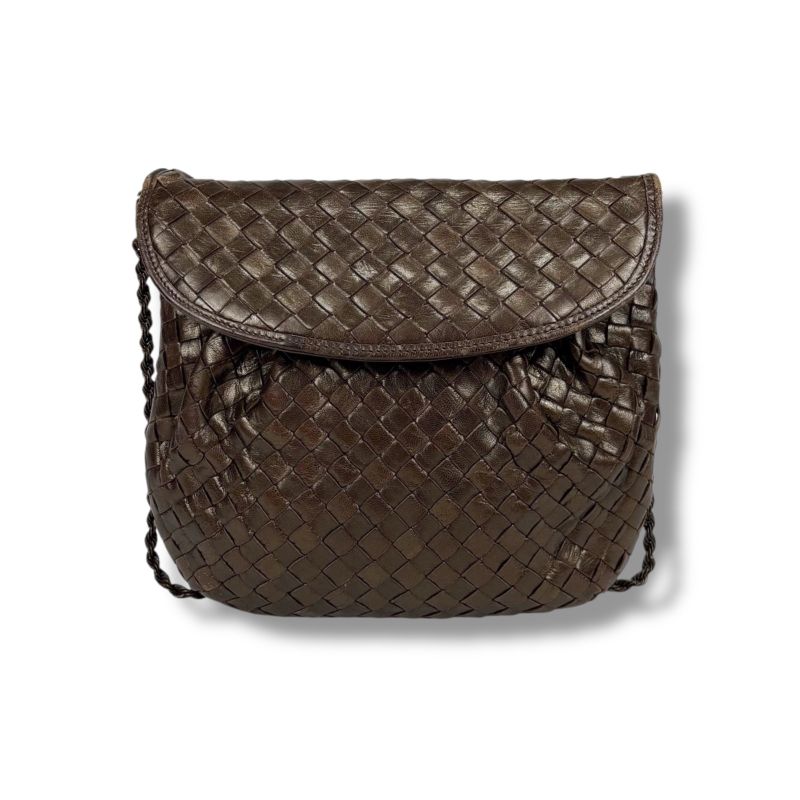 Bottega Veneta Chain Shoulder Bag Pochette Intrecciato Leather Brown Gold