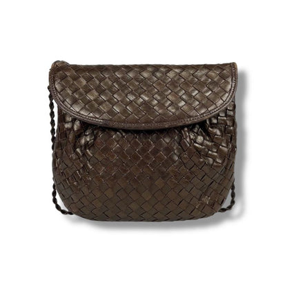 Bottega Veneta Chain Shoulder Bag Pochette Intrecciato Leather Brown Gold