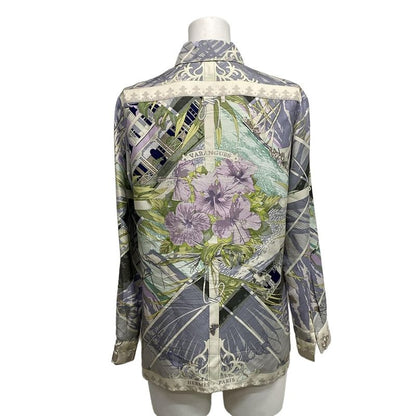 Hermes Long Sleeve Shirt Blouse Size 36 S Women's - Ivory Purple And Multi Silk