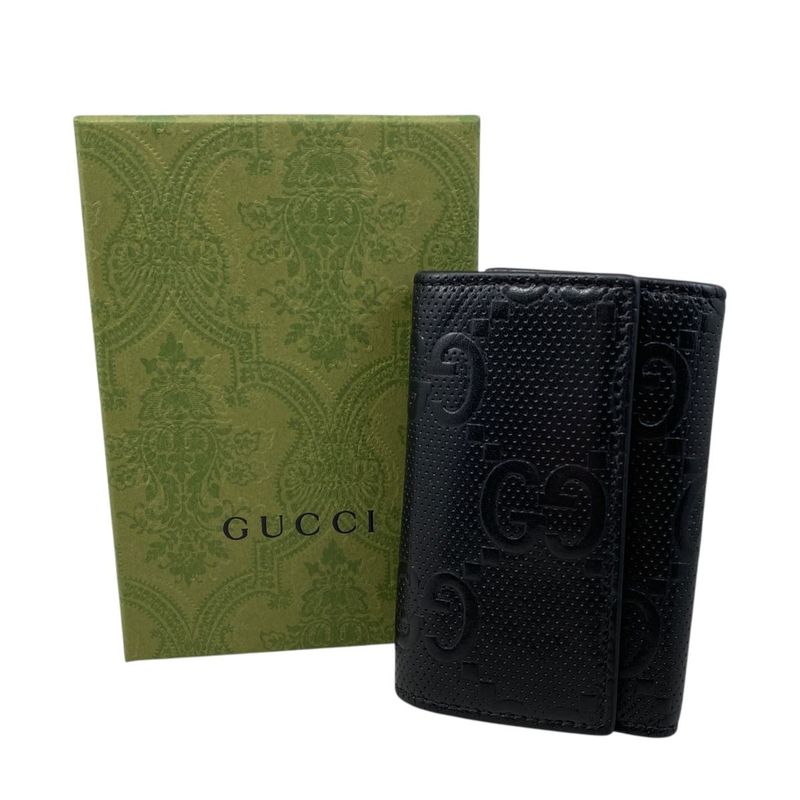 Em0553 Gucci Key Case Men's 625565 GG Embossed 6-Ribbon Black
