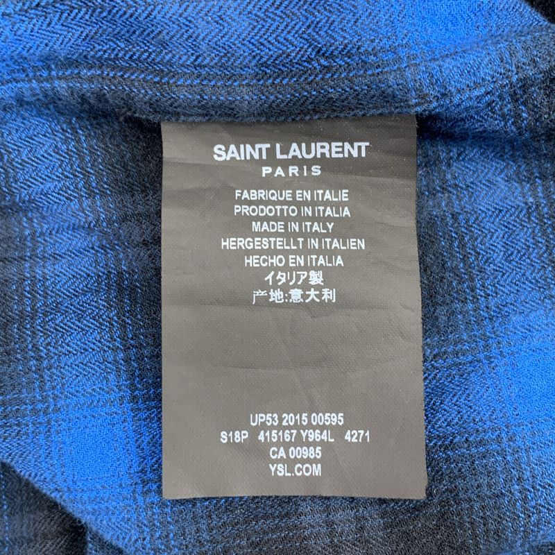 Saint Laurent Paris | Ombre Check Open Collar Short Sleeve Shirt | 36 14 | Blue