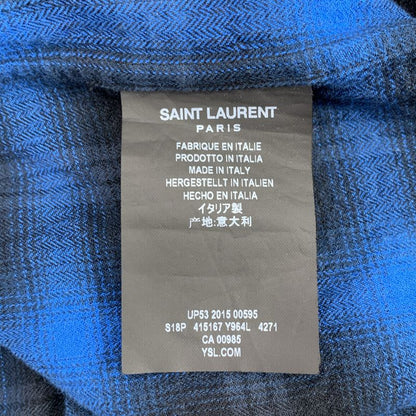 Saint Laurent Paris | Ombre Check Open Collar Short Sleeve Shirt | 36 14 | Blue