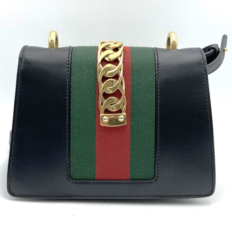 Gucci 470270 Sylvie Shoulder Bag Sherry Line Chain Leather Black Women