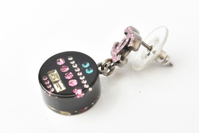 Chanel Earrings Chanel CC Coco Mark Circle Rhinestone Multicolor Rose Black