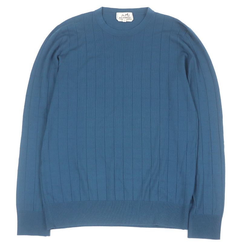 Hermes Wool Window Pen Crew Neck Light Hand Long Sleeve Knit Sweater Blue S