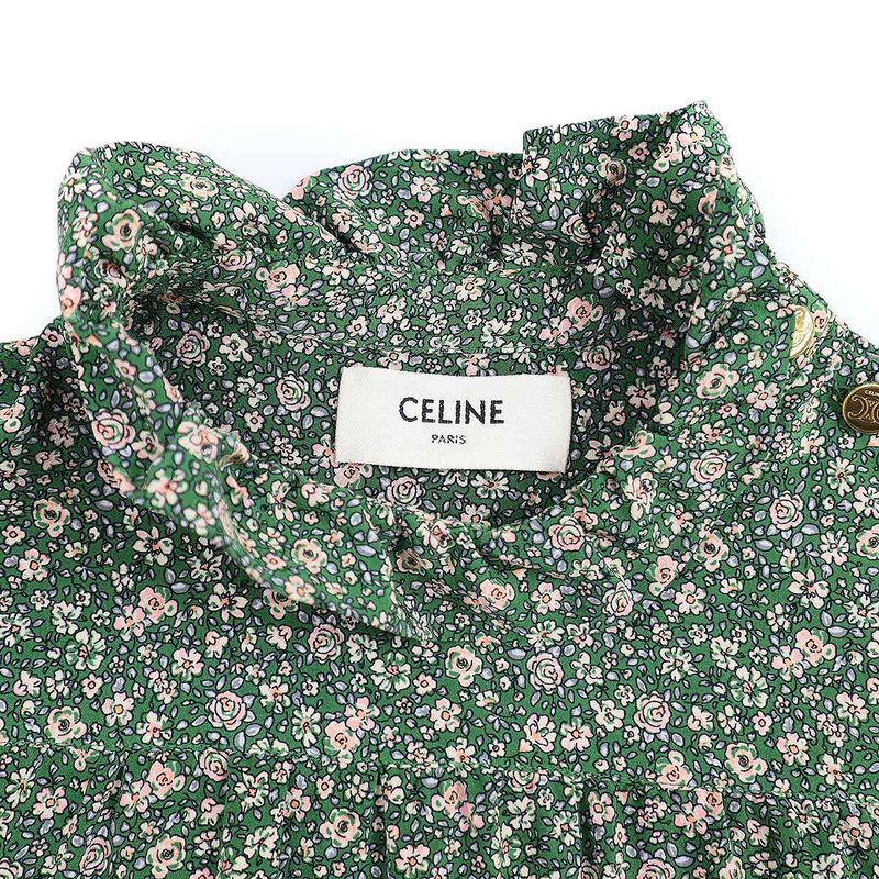 Celine 21aw Flower Print Silk Ruffle Blouse Shirt 2b501818n Green 34