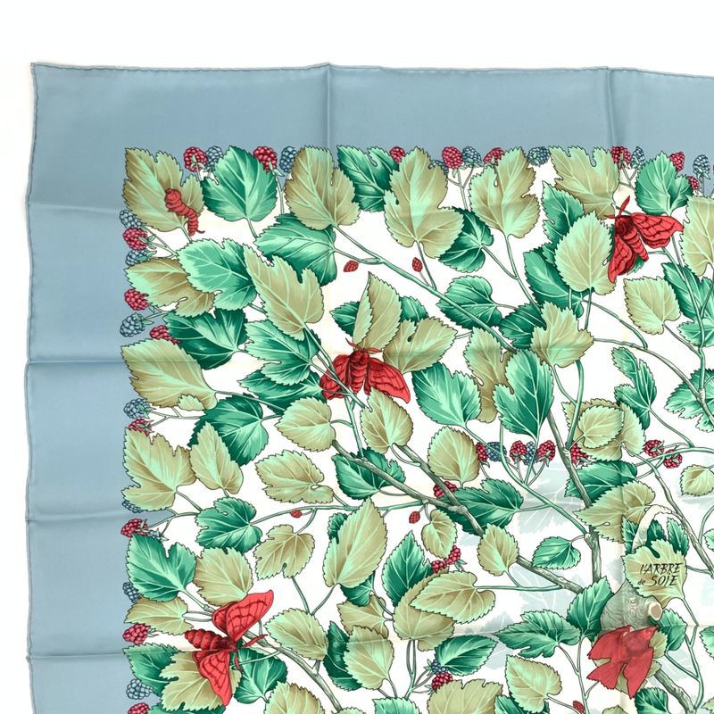 Hermes Scarf Carre 90 L'arbre De Soie Silk Tree Mulberry Tree And Silkworms Blue