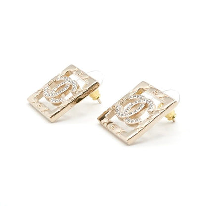 Chanel Earrings Earring Gold Coco Mark Rhinestone Square